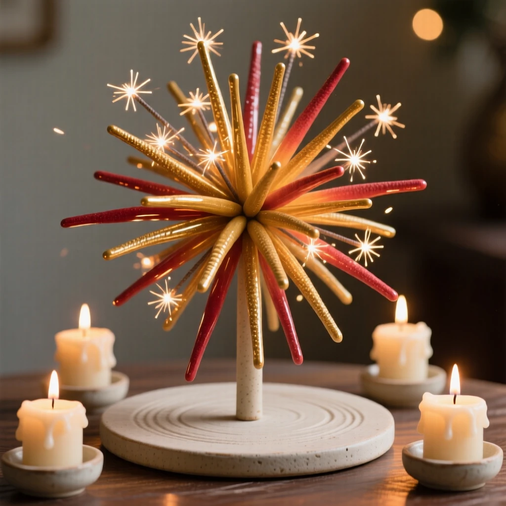 A firework burst frozen in mid-sparkle arranged as a festive centerpiece, surrounded by warm candlelight, conveying warmth, celebration, and delight.