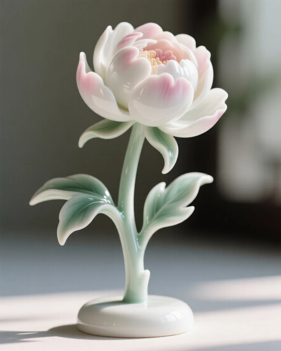 A single peony caught mid-bloom against a soft blurred background, glowing softly in gentle morning light.