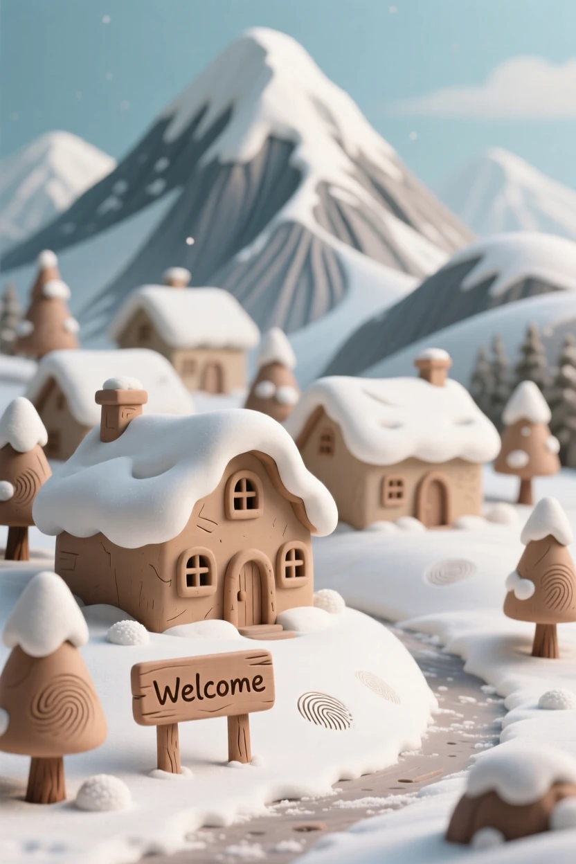 A snow-covered village nestled at the base of towering mountains