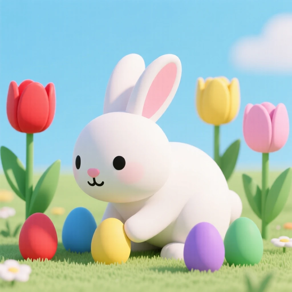 A gentle Easter bunny hides colorful painted eggs beneath blooming tulips in a sunny spring garden.