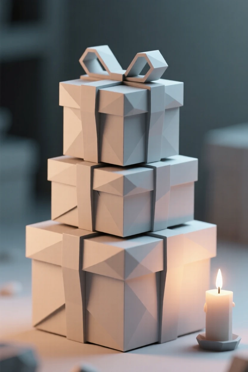 A stack of wrapped gifts tied with ribbon, in the soft glow of candlelight. a shallow depth of field isolates the main object. The scene feels nostalgic and quiet.