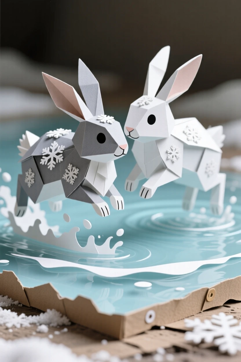 A pair of nuzzling rabbits leaping through shallow water, with fresh snowflakes settling on its coat, conveying quiet dignity and grace.