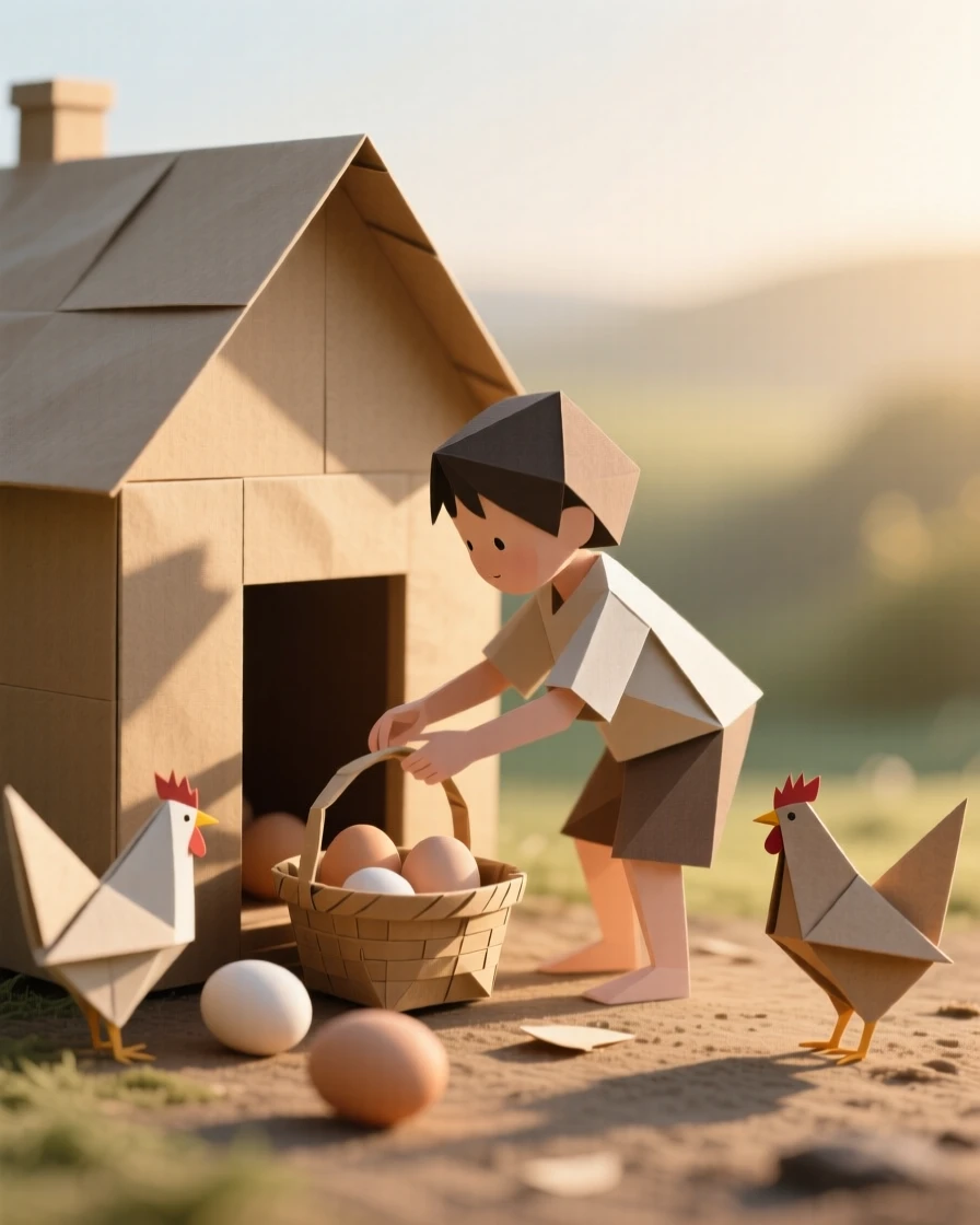 A child collecting eggs from a henhouse in the early morning light.