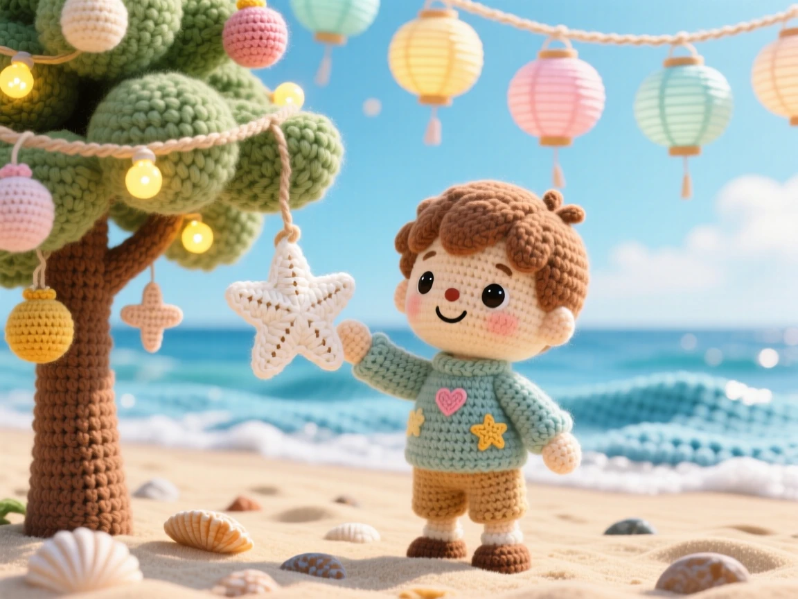a small boy holding a paper star for a winter festival, with a bright, hopeful smile, hanging it on a decorated tree, set in a sun-drenched summer beach at low tide, with a cluster of paper lanterns swaying gently, full of cozy holiday warmth and togetherness.