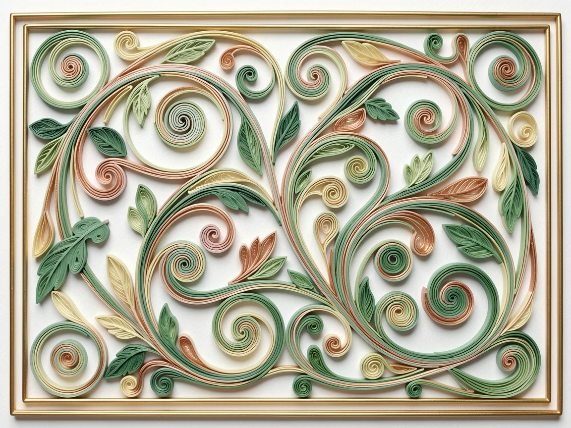 An elegant design featuring a swirling Art Nouveau vine pattern, flowing in soft organic curves throughout, accented with delicate touches of rose gold, framed by a thin gold border.