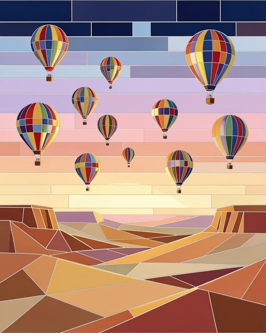 A colorful array of hot air balloons rising over a desert valley at dawn.