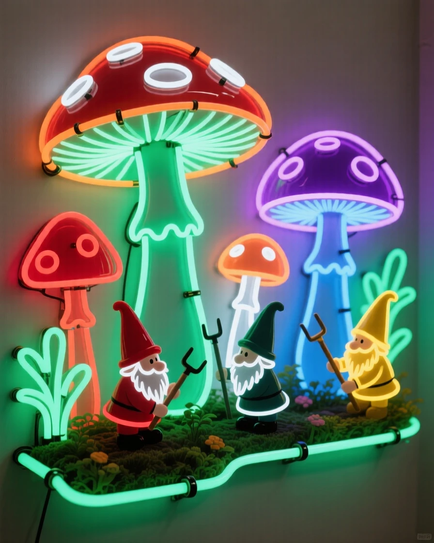 A group of tiny gnomes tending a garden of oversized mushrooms.