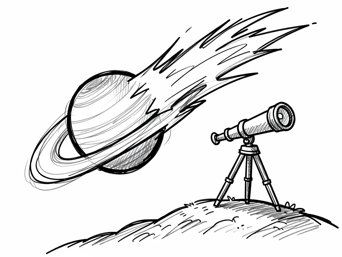 A comet streaking past a ringed planet beside a telescope on a hilltop.