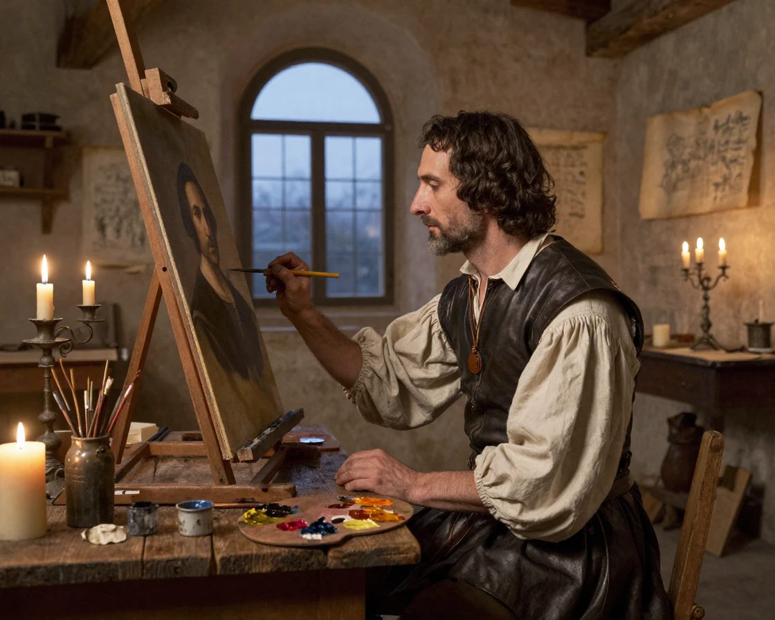 A Renaissance-era artist painting in a candlelit studio