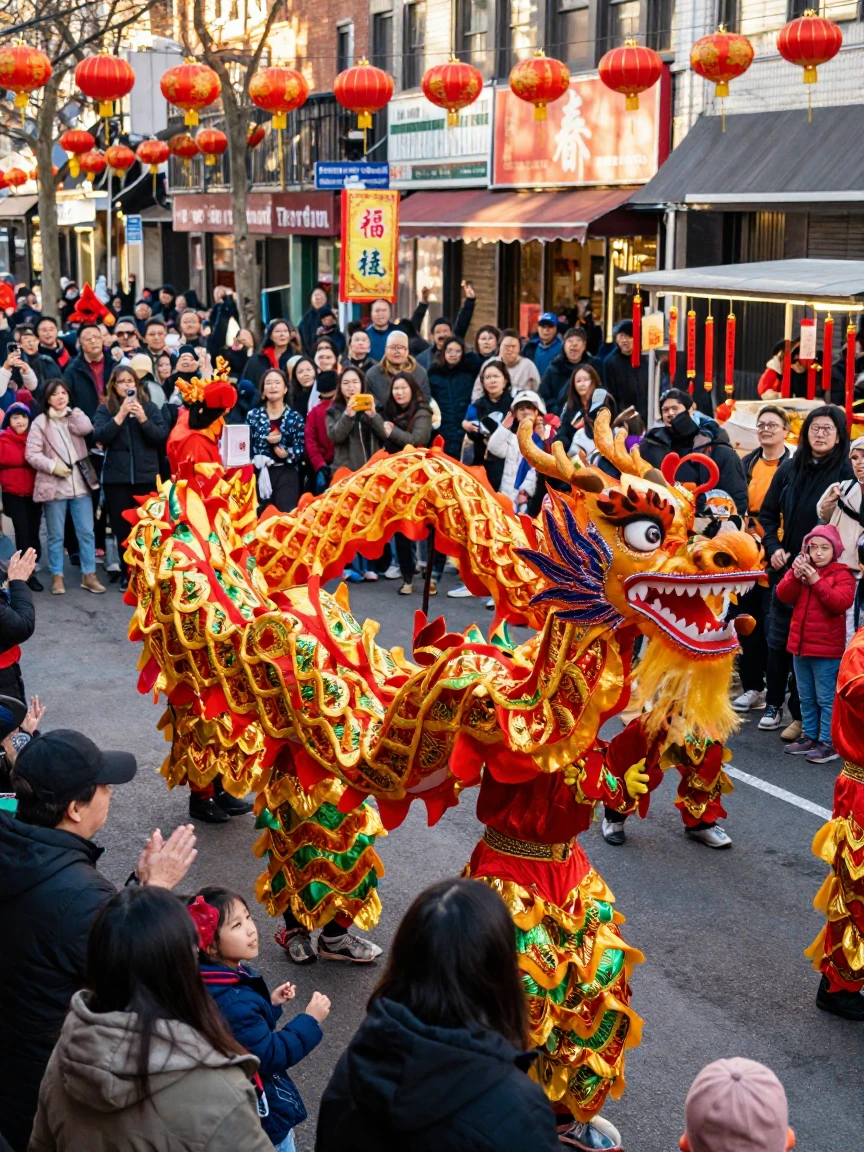 Dancers dressed as dragons weave through a crowd during a lunar new year celebration.