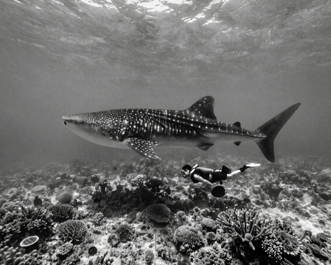 A whale shark glides slowly past a diver near a sunlit reef.