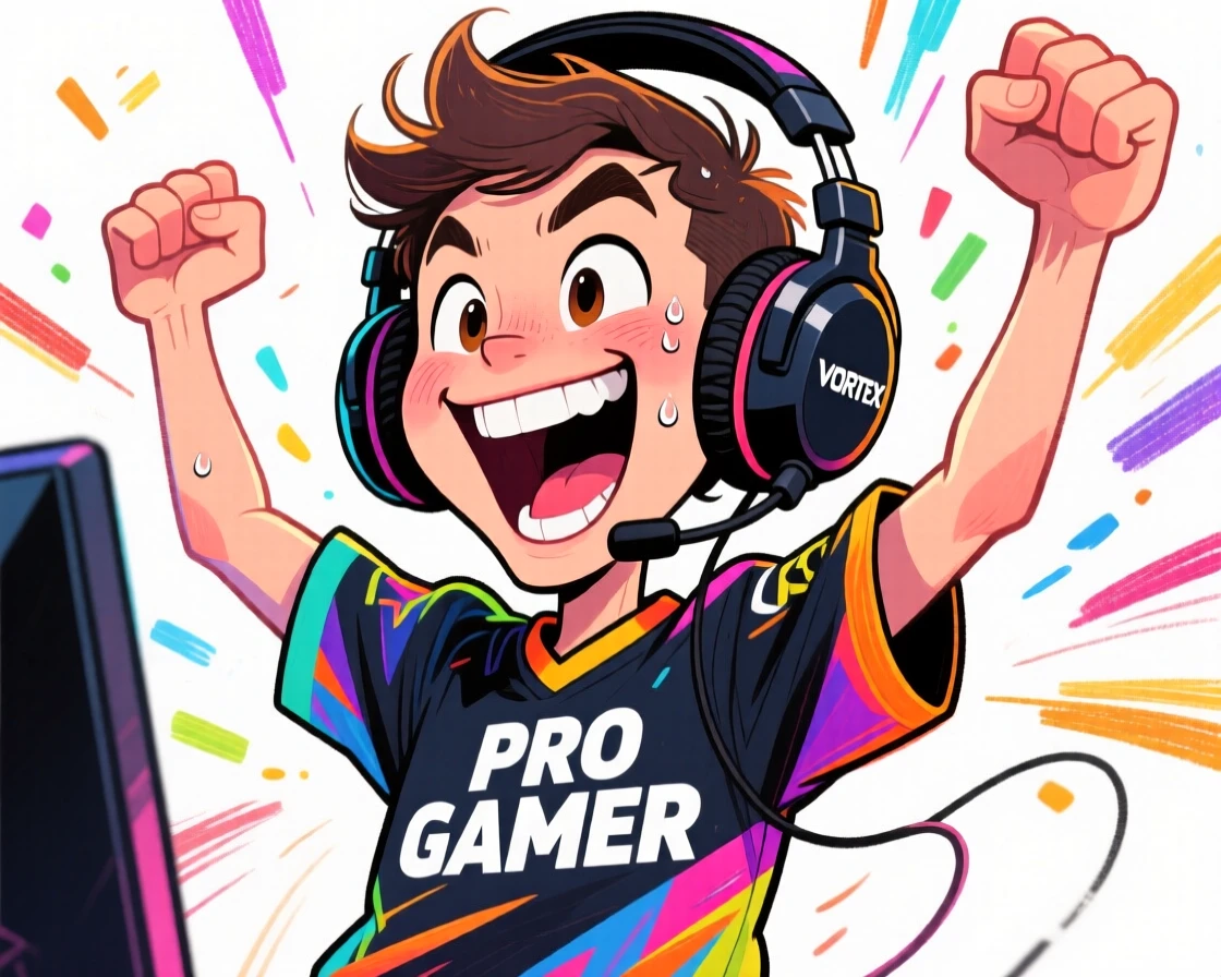 A professional gamer celebrating a big win, headset thrown up in triumph.