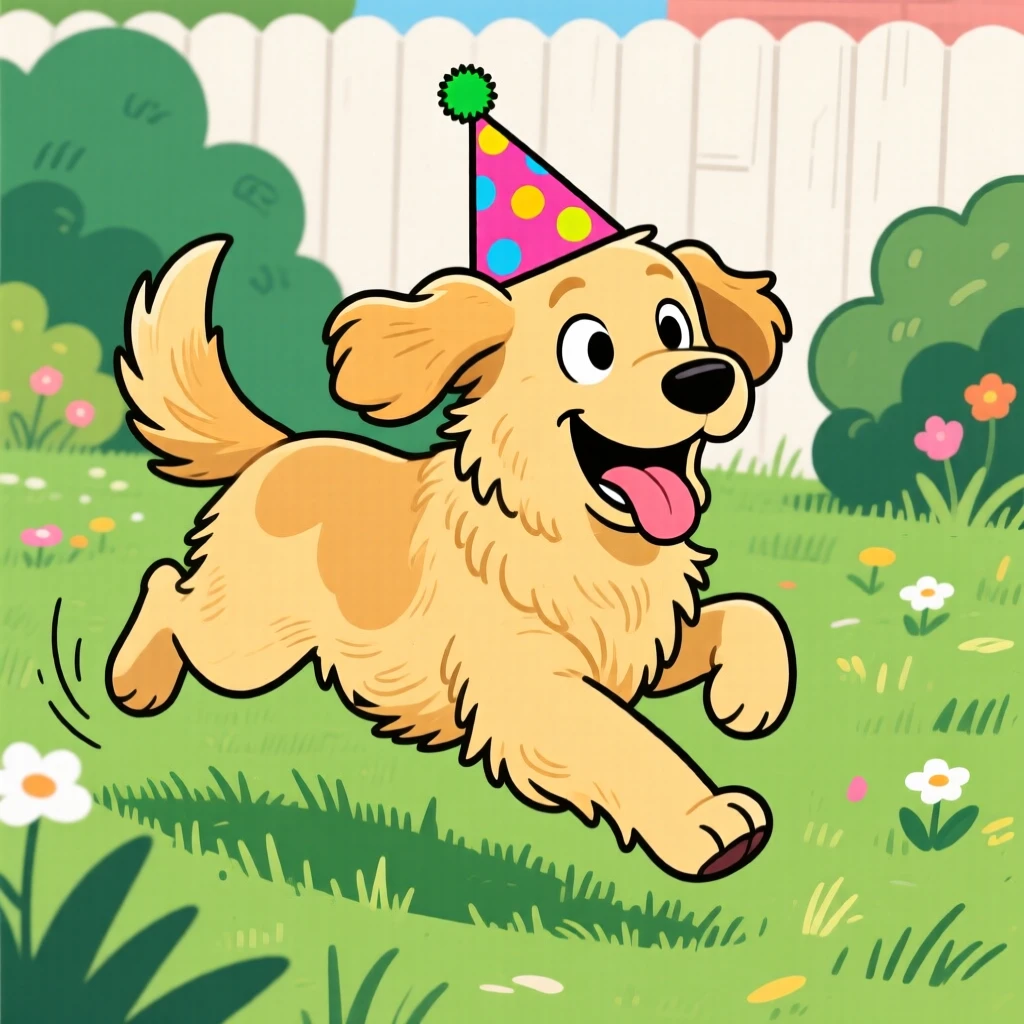 A playful pet moment featuring a fluffy golden retriever sprinting joyfully across a grassy backyard, with a birthday hat slightly askew.