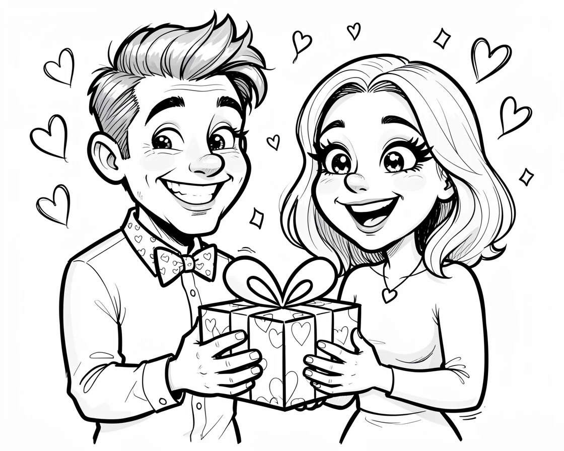 [Seasonal Holidays & Celebrations] Festive scene of a couple exchanging heart-shaped gifts on Valentine's Day, full of celebration and joy