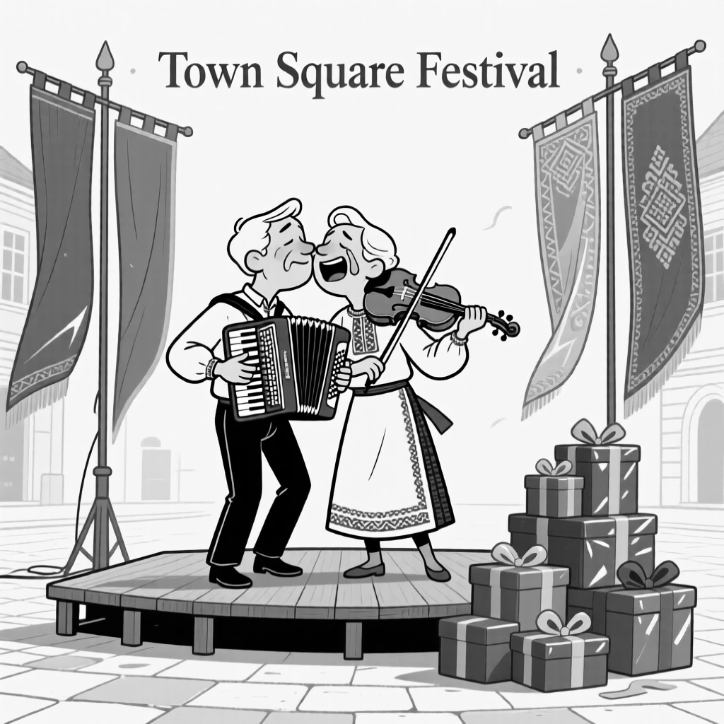 Musicians playing traditional instruments in a town square, leaning in for a joyful, tearful kiss, set on a stage framed by vibrant silk banners. A stack of gifts wrapped in bright paper waits nearby. The scene overflows with communal joy and tradition.