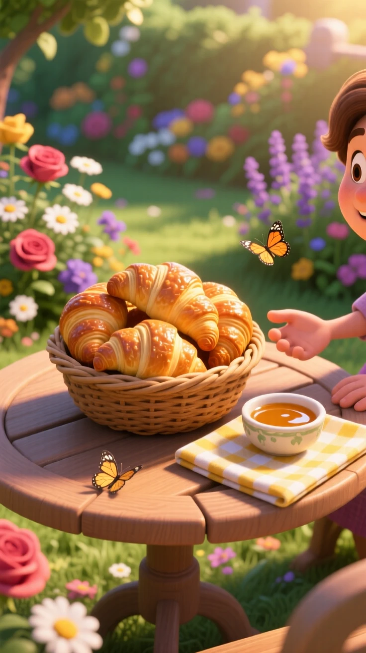 A basket of warm buttery croissants sits at a small table overlooking a garden, beside a small dish of dipping sauce. The mood is festive and appetizing.