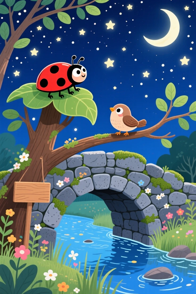 A spotted ladybug is watching the stars from a treetop in a stone bridge over a creek, while a curious bird watches from a branch.