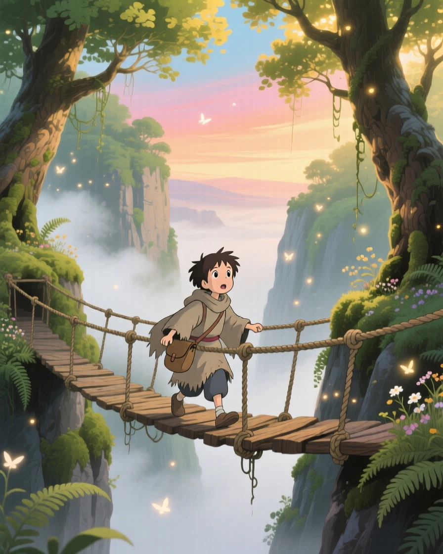 A traveler crossing a rope bridge over a misty canyon, the moment brimming with discovery.