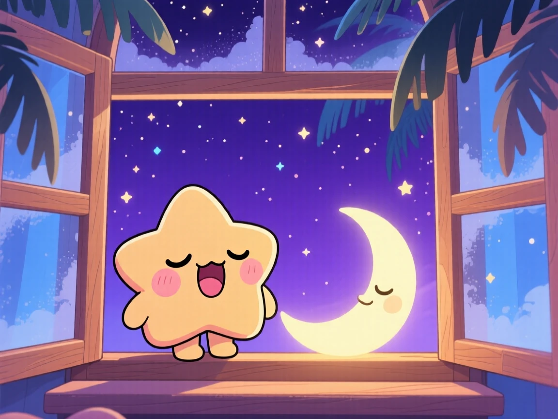 Framed through a window of a sleepy star character, yawning beside a crescent moon, in a deep purple night sky, on a warm tropical afternoon, illuminated by cool blue twilight glow, radiating warm affection.