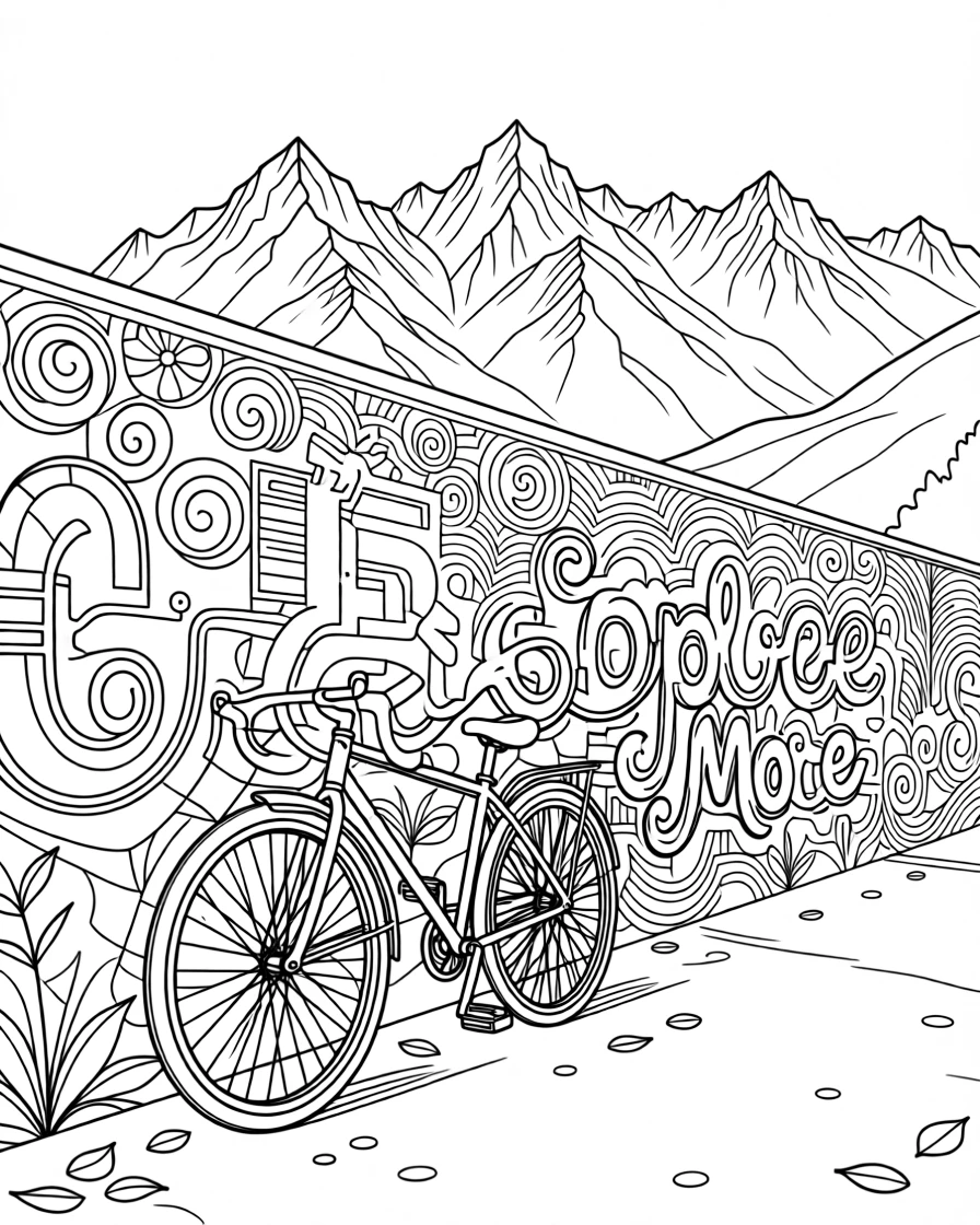 A bicycle leaning against a mural-covered alley wall, with mountains rising dramatically in the background.