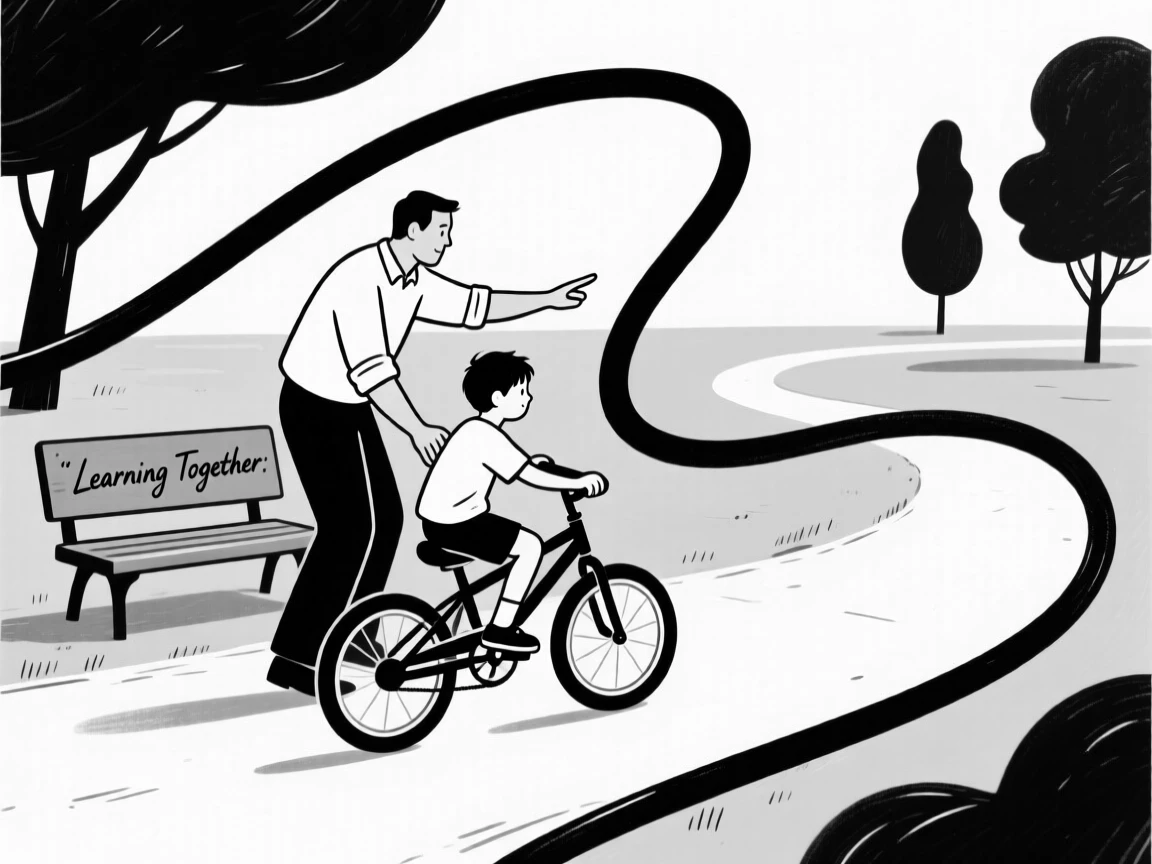 A father teaching his son to ride a bicycle in a quiet park.