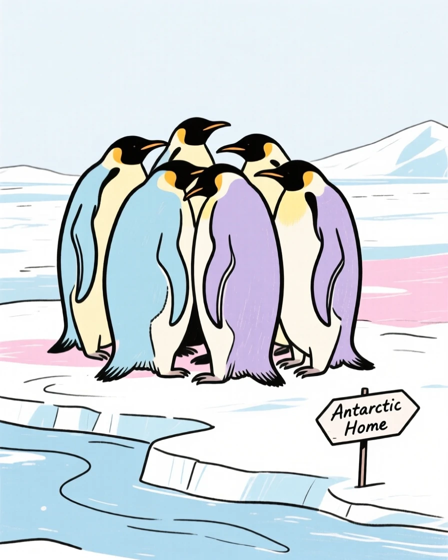A group of penguins huddled together on an icy Antarctic shore.