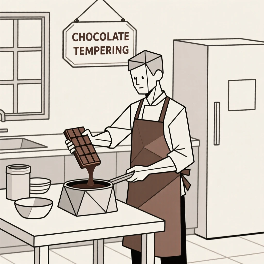 A chocolatier tempering chocolate in a kitchen