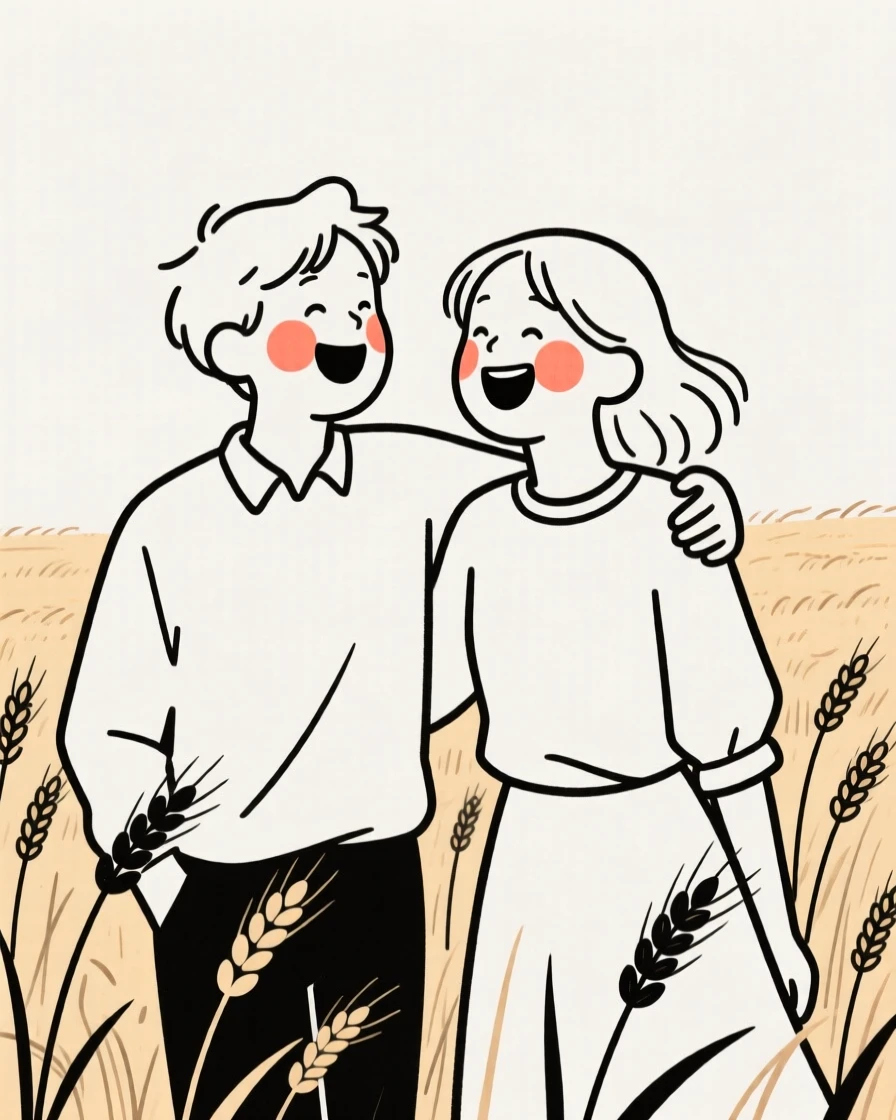 Two best friends of Irish heritage, laughing joyfully, in a wheat field at harvest.