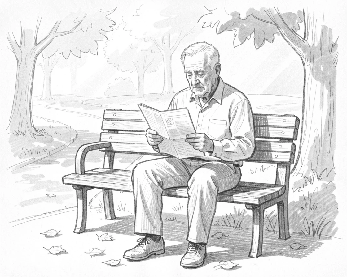 A warm everyday moment: an elderly man reading a newspaper on a park bench in a peaceful suburban park, with golden morning light streaming through windows.