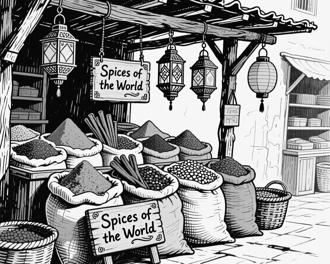 A traditional spice market stall with sacks of colorful spices and hanging lanterns.