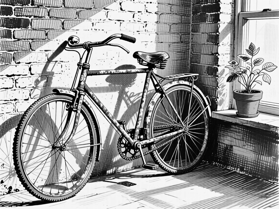 An old bicycle leaning on a wall resting on a sunlit windowsill, with a small potted plant nearby, forming a calm and homely still-life study.