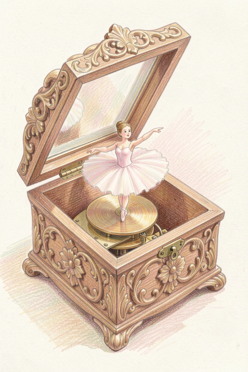 An ornate music box open to reveal a tiny spinning ballerina, arranged thoughtfully with soft, natural lighting, perfect for a vintage-inspired decorative aesthetic.
