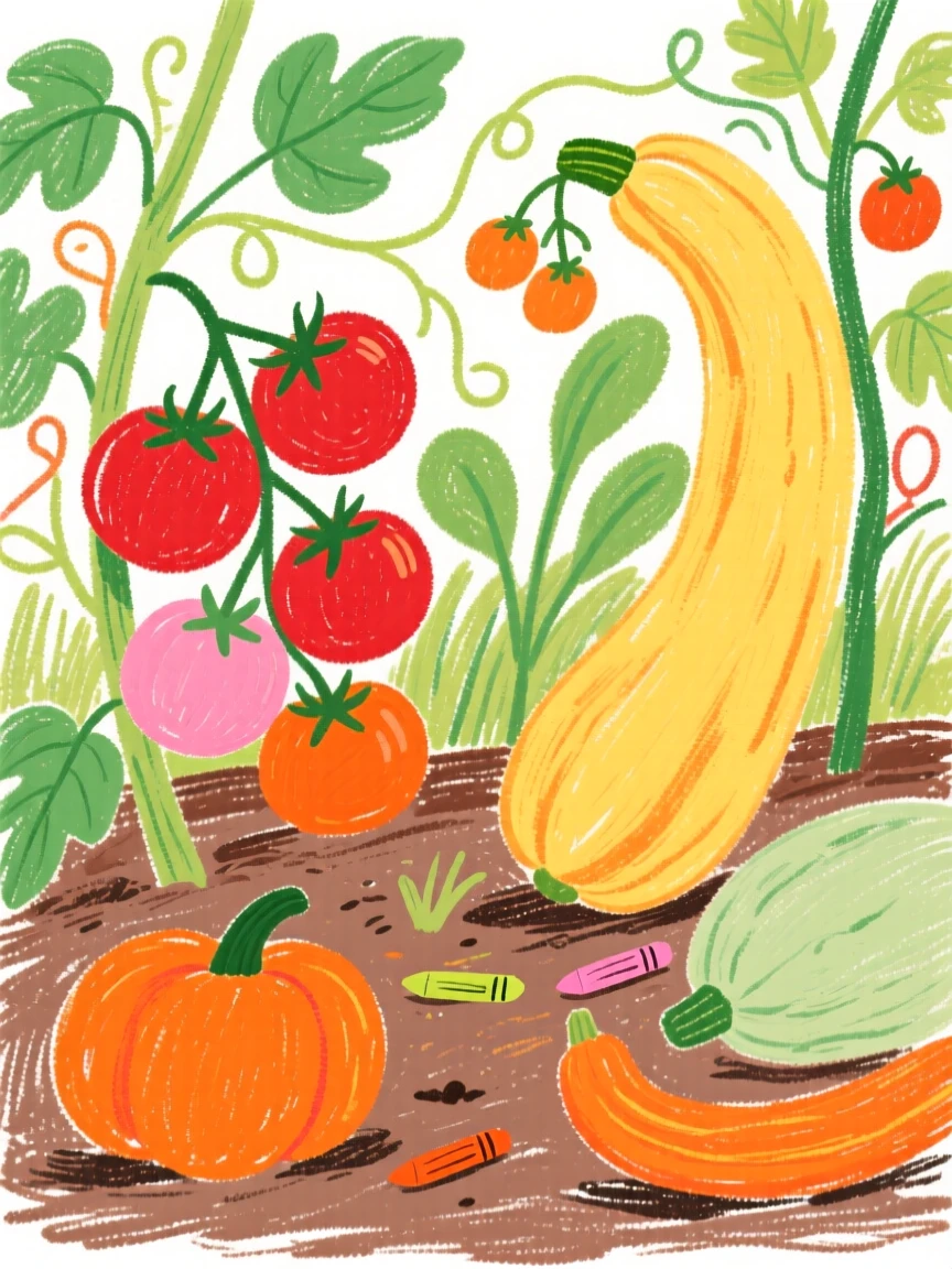 A vegetable garden bursting with ripe tomatoes and squash.