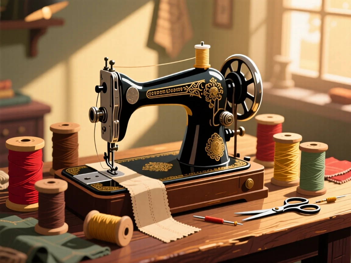 A vintage sewing machine surrounded by spools of thread, set within a cozy, warmly lit room, composed with soft diagonal lighting for depth, with soft golden light highlighting fine craftsmanship.