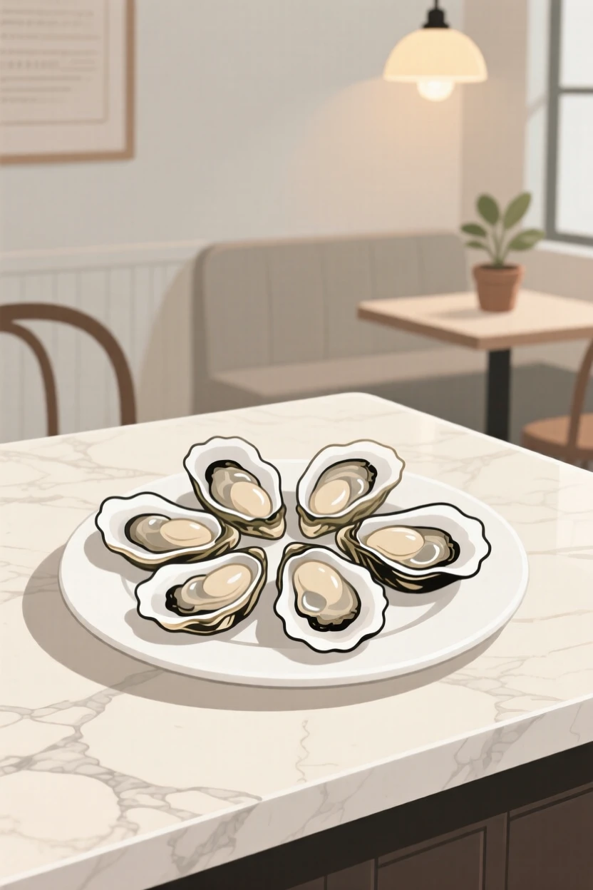 A plate of fresh oysters beautifully displayed on a marble countertop at a cozy cafe.