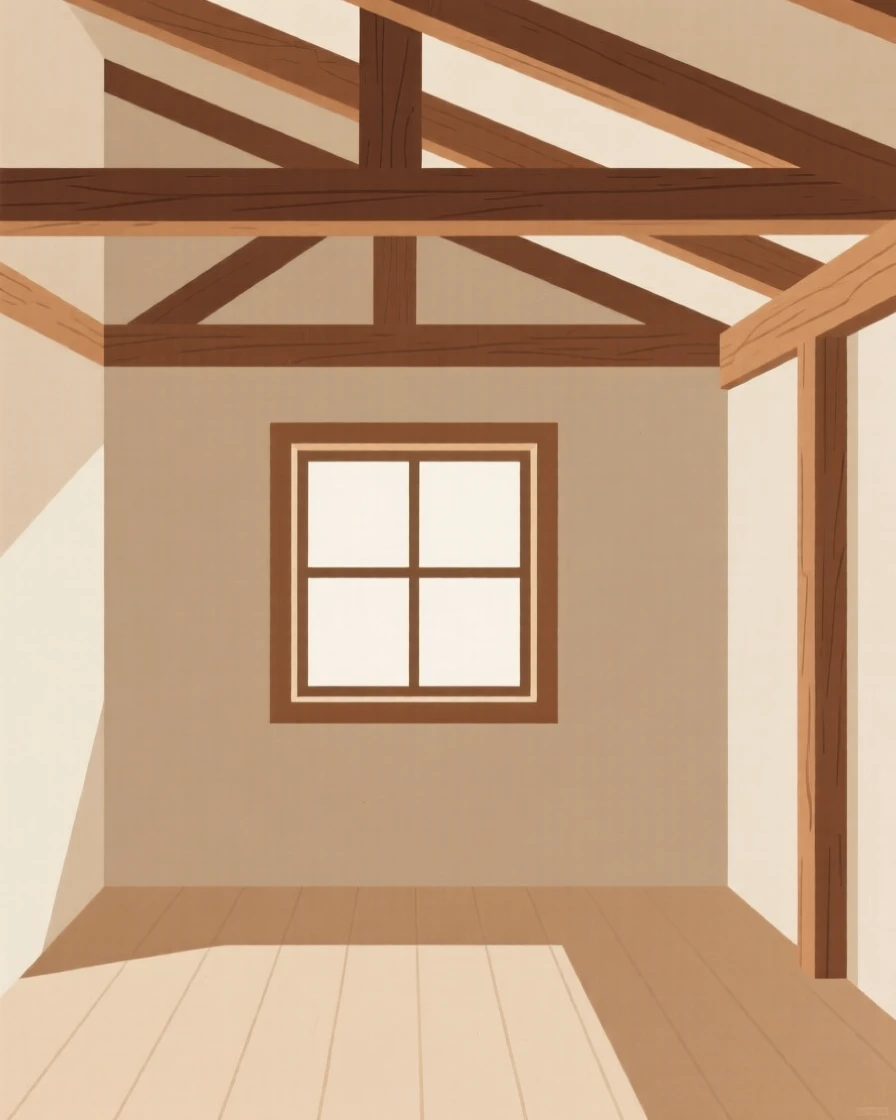 A cozy cabin interior with wooden beams