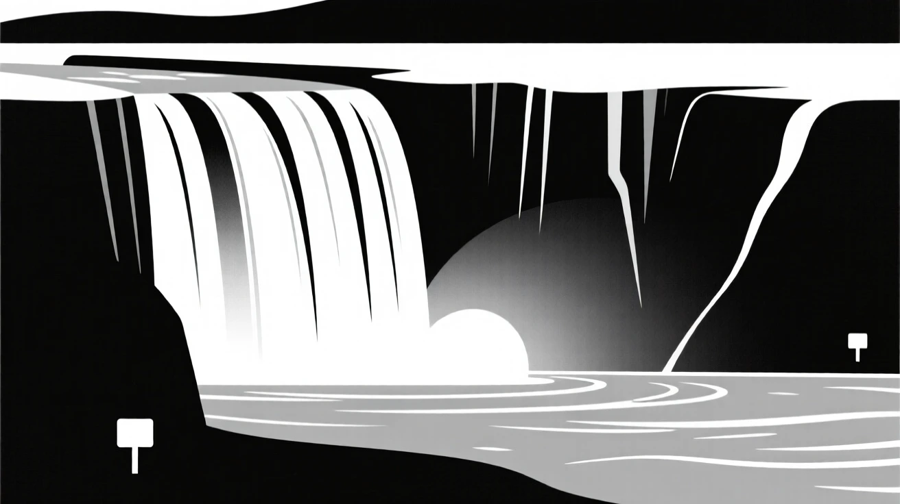 A wide waterfall spilling into a turquoise river.