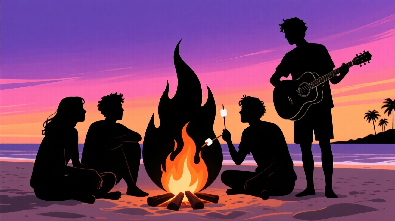 A group of friends gathered around a beach bonfire on a warm summer night.