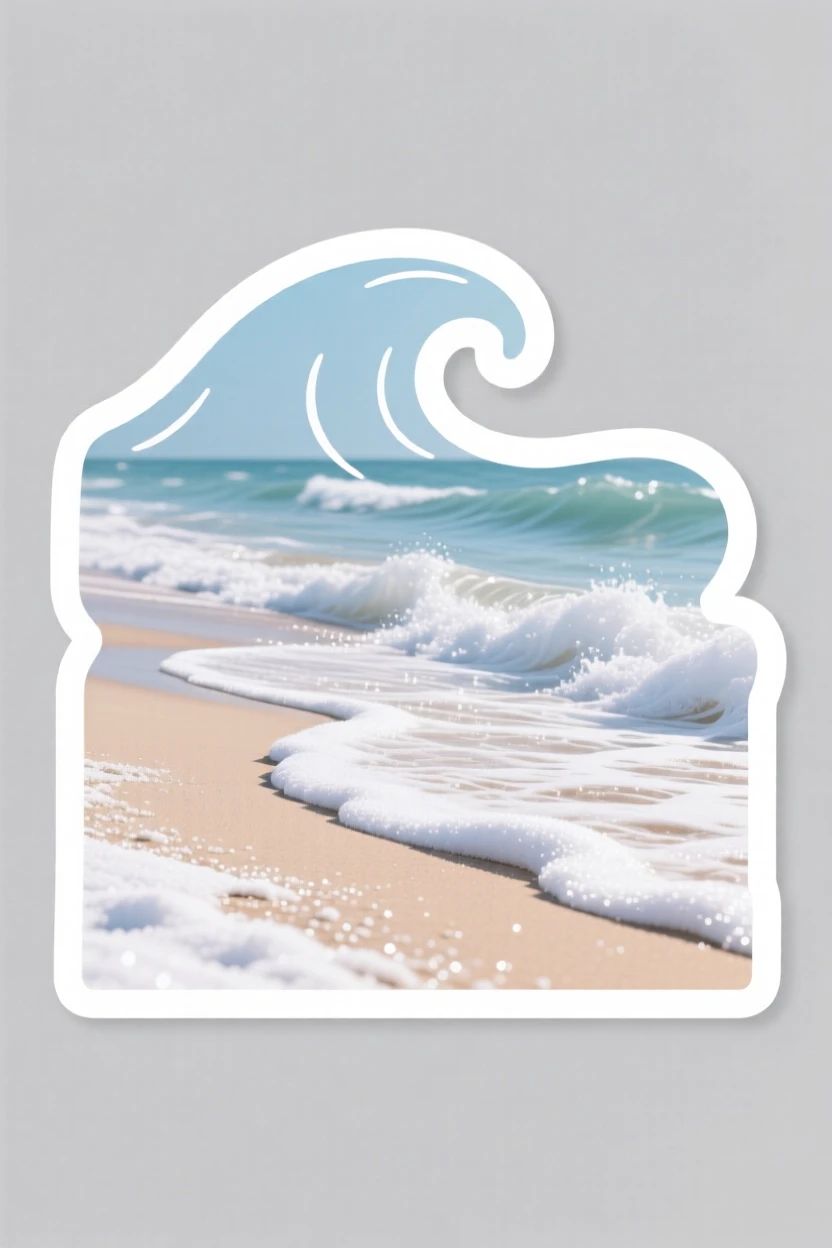 A dreamlike sandy beach with gentle waves, dusted with a light layer of fresh snow, untouched and wonderfully quiet.