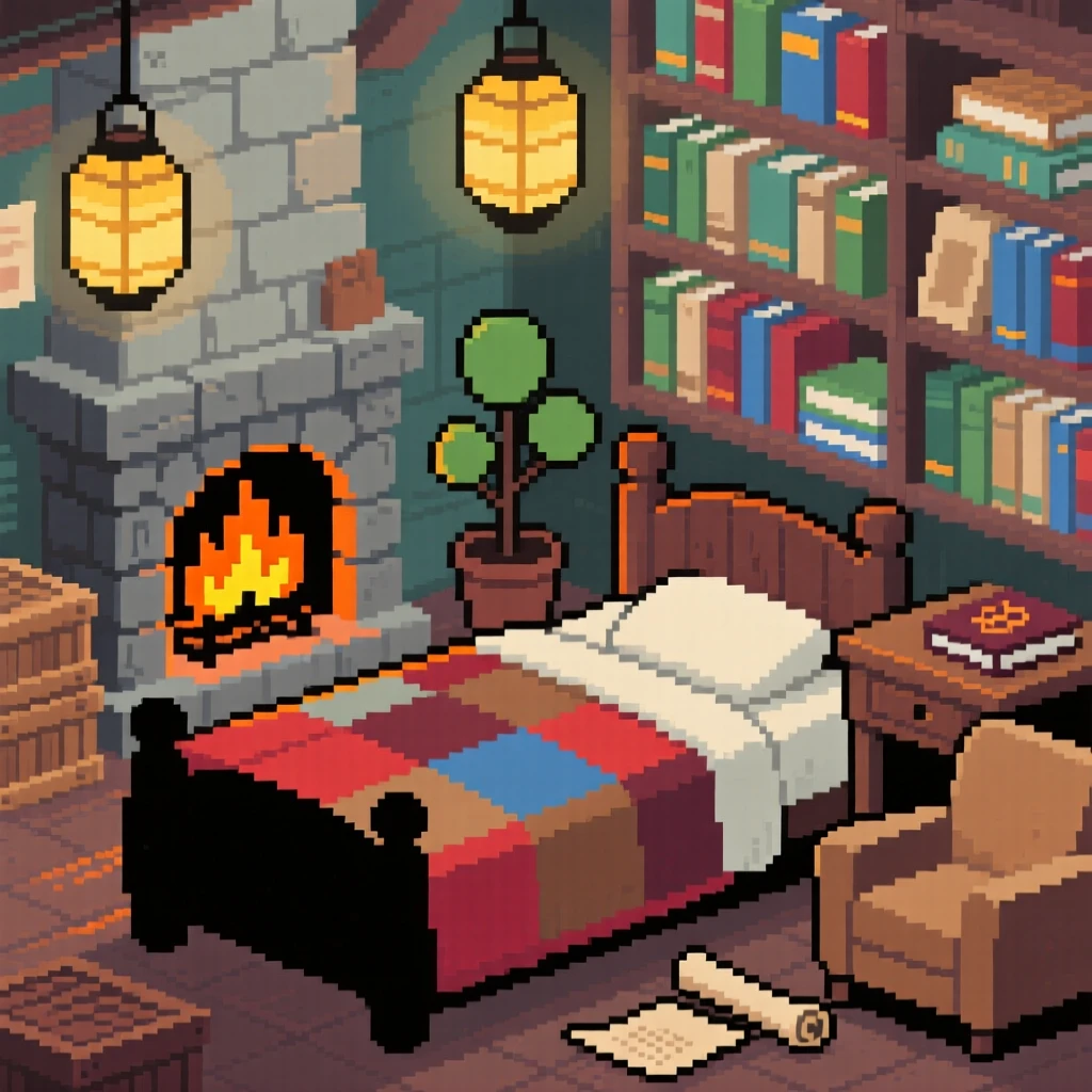 A quilt-covered bed lit by a crackling fire and hanging lanterns, within a cluttered but charming bookshop.