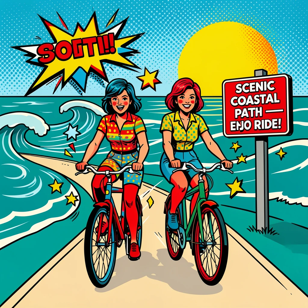 A couple riding bicycles along a scenic coastal path