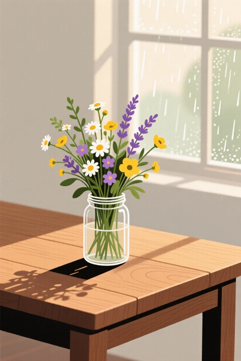 A wooden table holds a simple arrangement of fresh-cut wildflowers in a glass jar, lit softly by morning sun beside a rain-speckled pane.