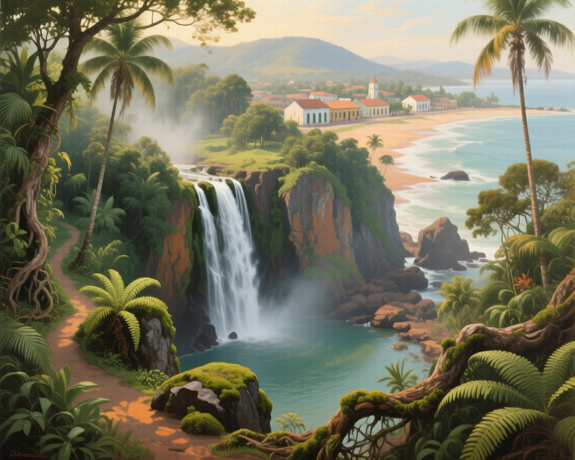 A sweeping aerial perspective of a hidden waterfall discovered at the end of a forest trail, in a Brazilian coastal town, in the early 1900s.