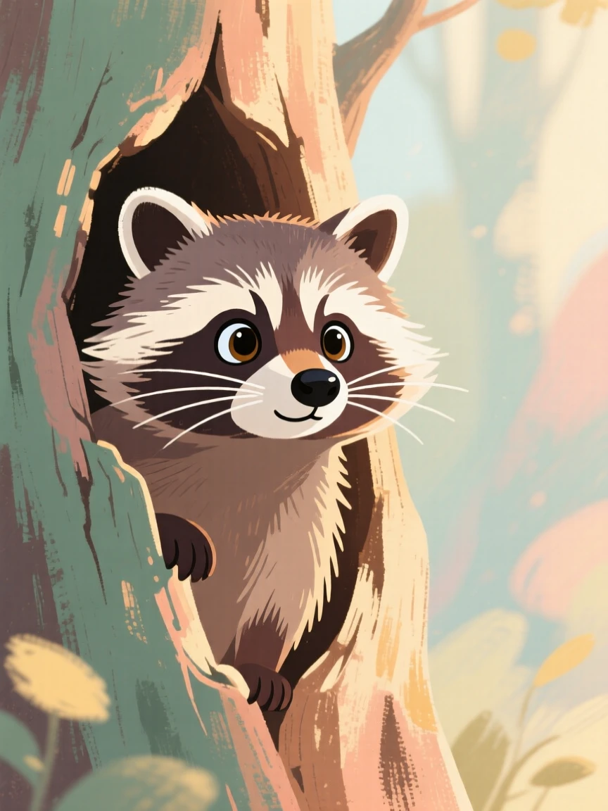 A curious raccoon peeking out from a hollow tree trunk