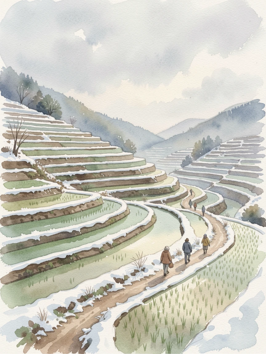 Terraced rice paddies cascading down a hillside during the first snow with travelers strolling along the path.