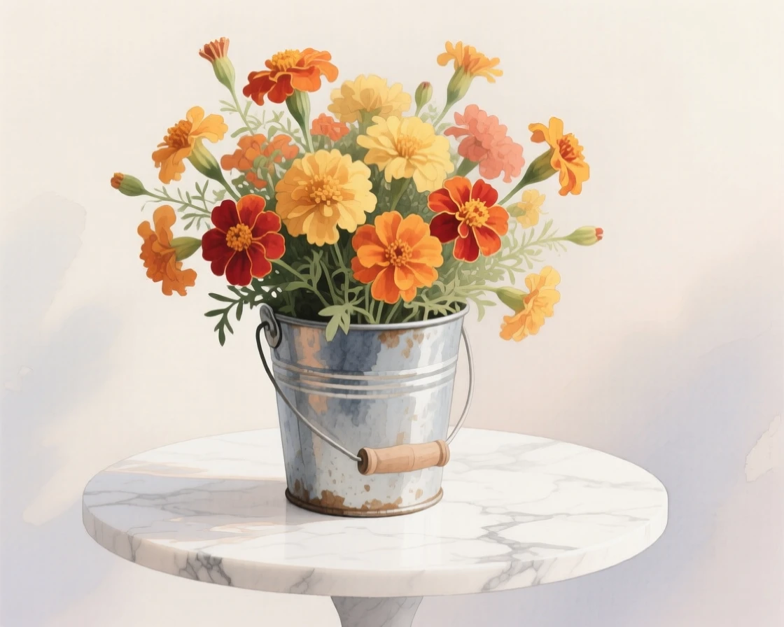 A bouquet of marigolds in soft, layered tones fills a rustic tin bucket on a marble side table, petals catching the gentle light