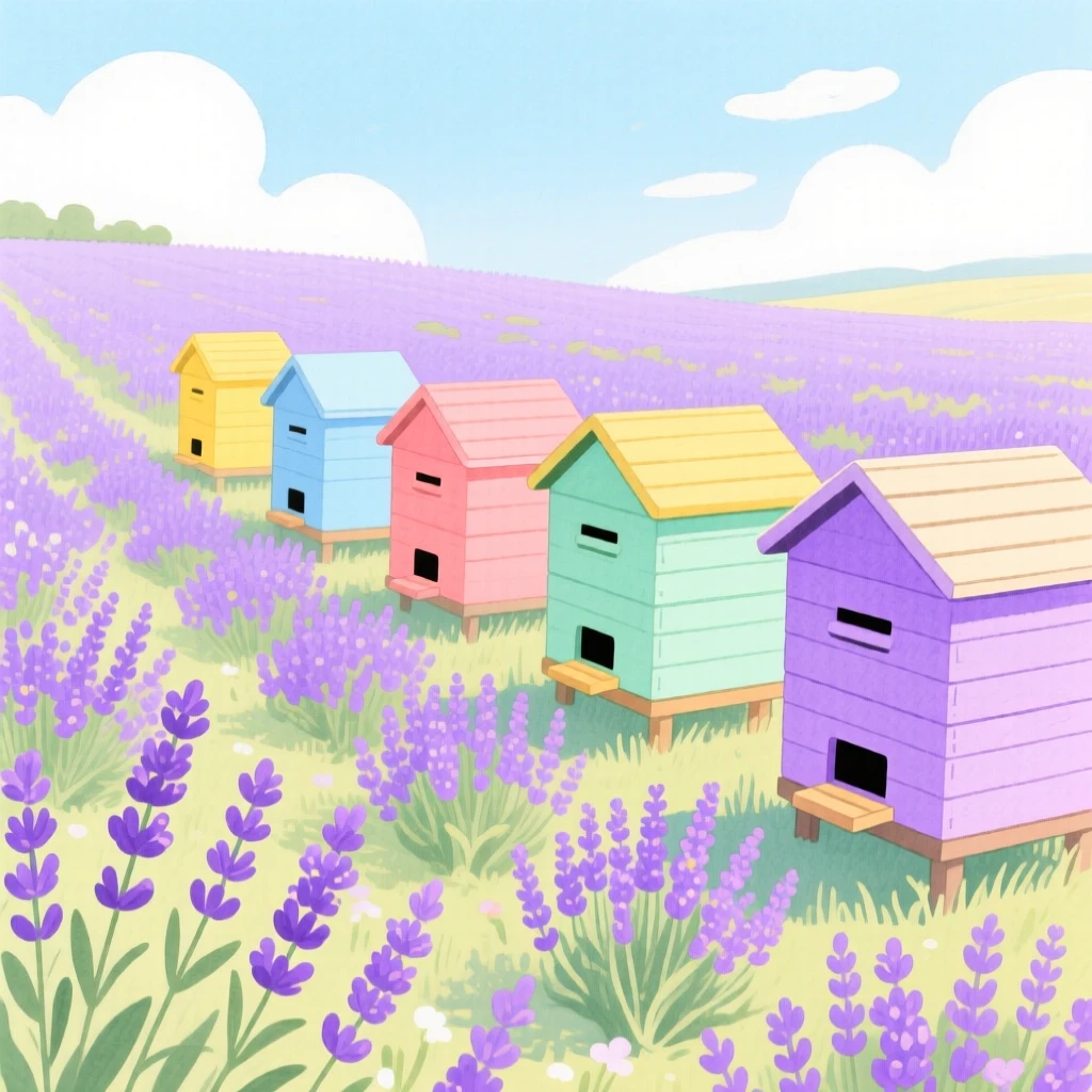 A row of colorful beehives in a blooming lavender field.