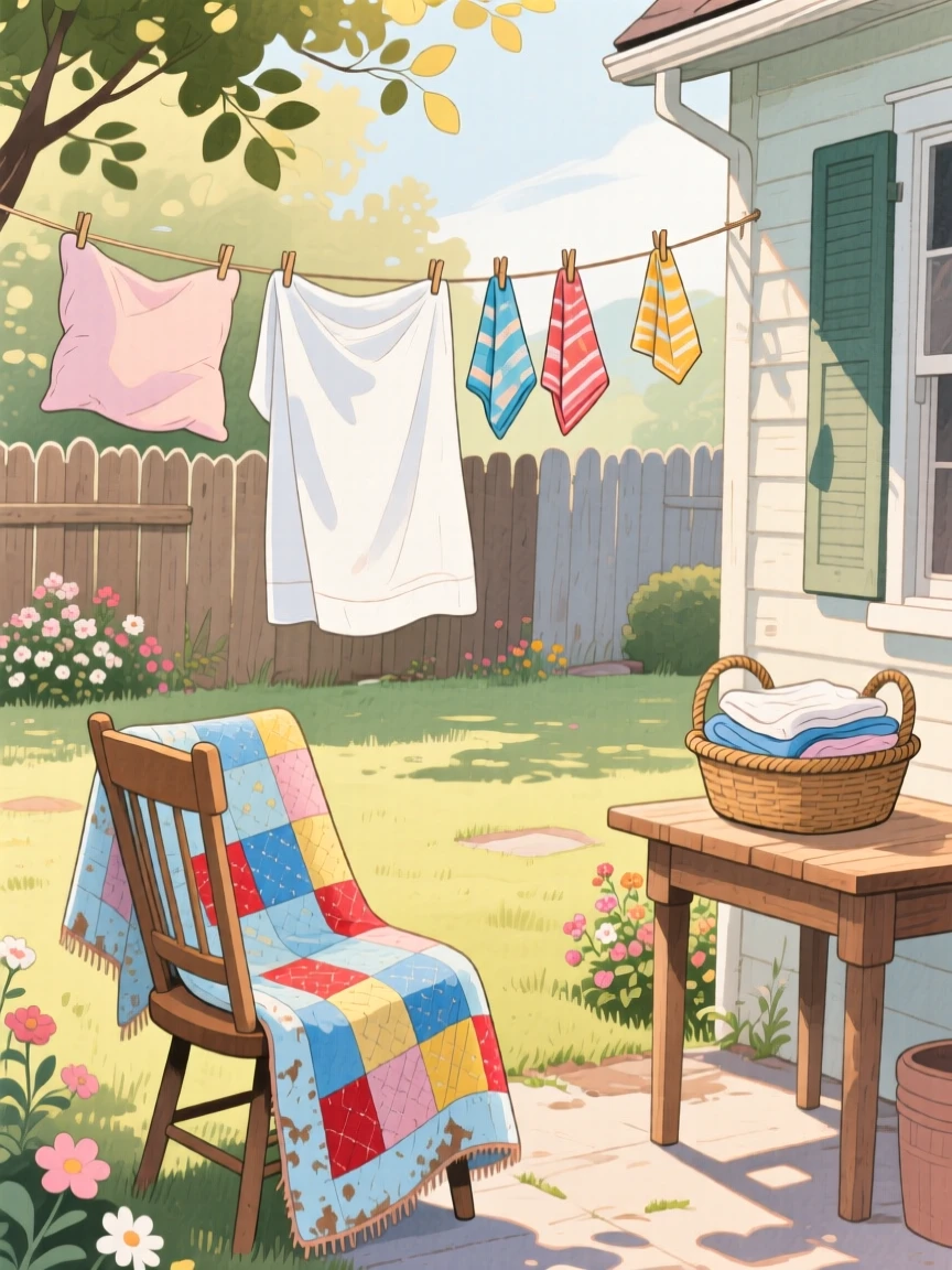 A sunlit laundry room with fresh linens drying on a line strung across the yard, with a worn quilt draped over the nearest chair, capturing the quiet beauty of everyday rituals.