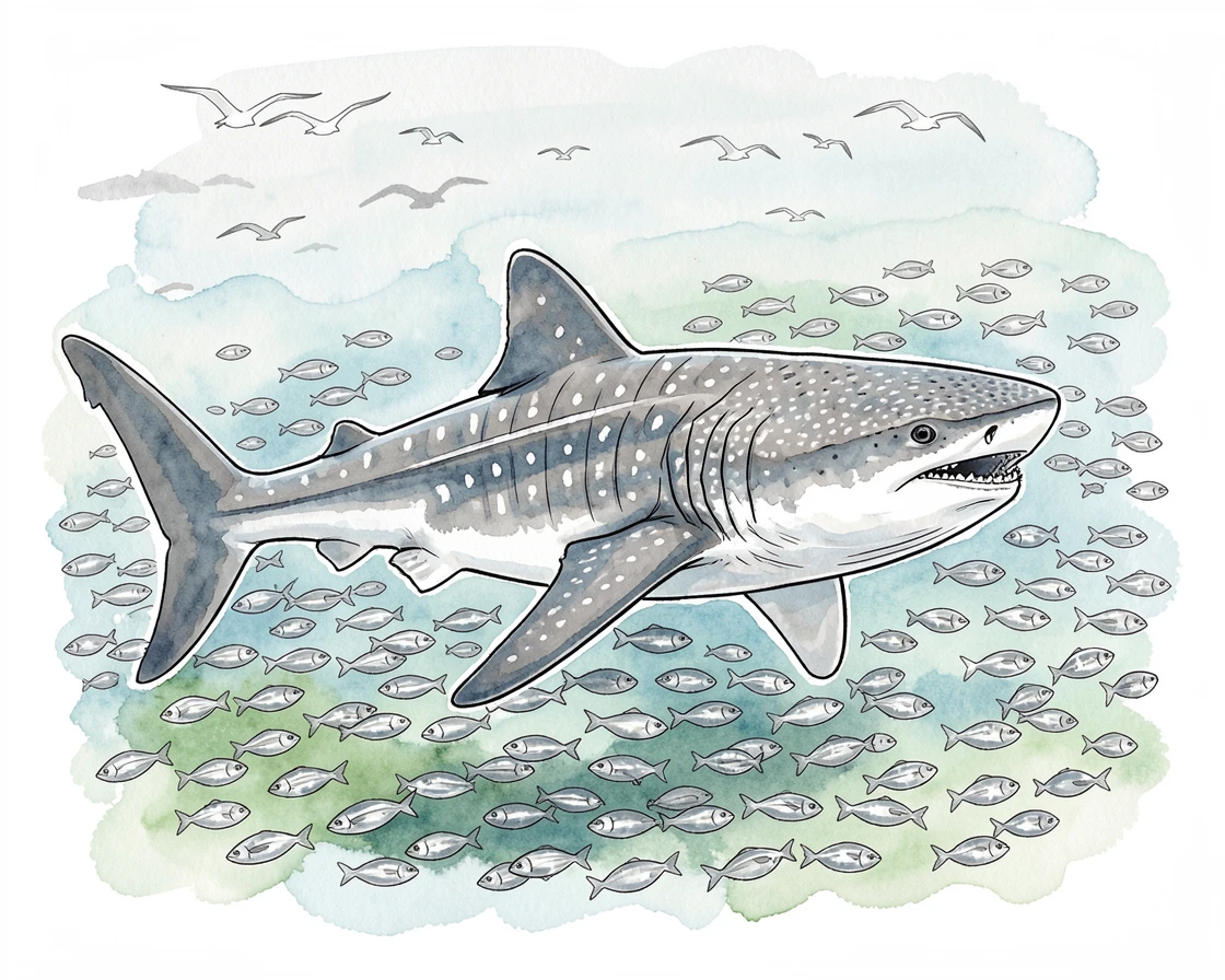 A whale shark gliding slowly through a school of small silver fish, a stillness in the air broken only by distant birdsong.