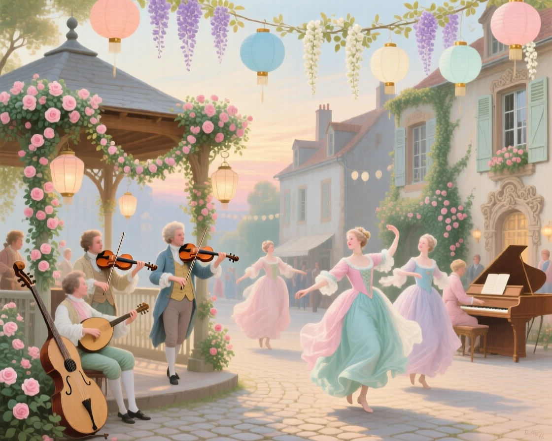 A festive village square with musicians, dancers, flower garlands, and lanterns  